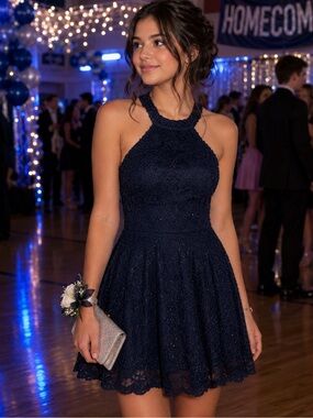 B Darlin Sparkly Fit and Flare Lace Cocktail Dress Halter Neck Navy Blue 7/8